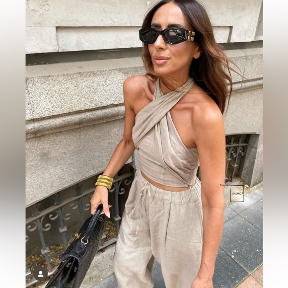 ZARA 2 PIECE LINEN HALTER TOP AND PALAZZO PANTS - Picture 8 of 8
